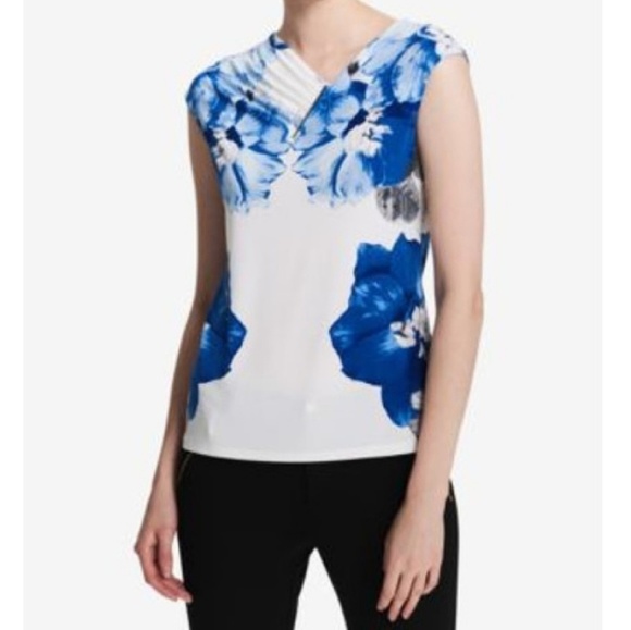 Calvin Klein Tops - Calvin Klein Floral Asymetrical Pleated Neckline